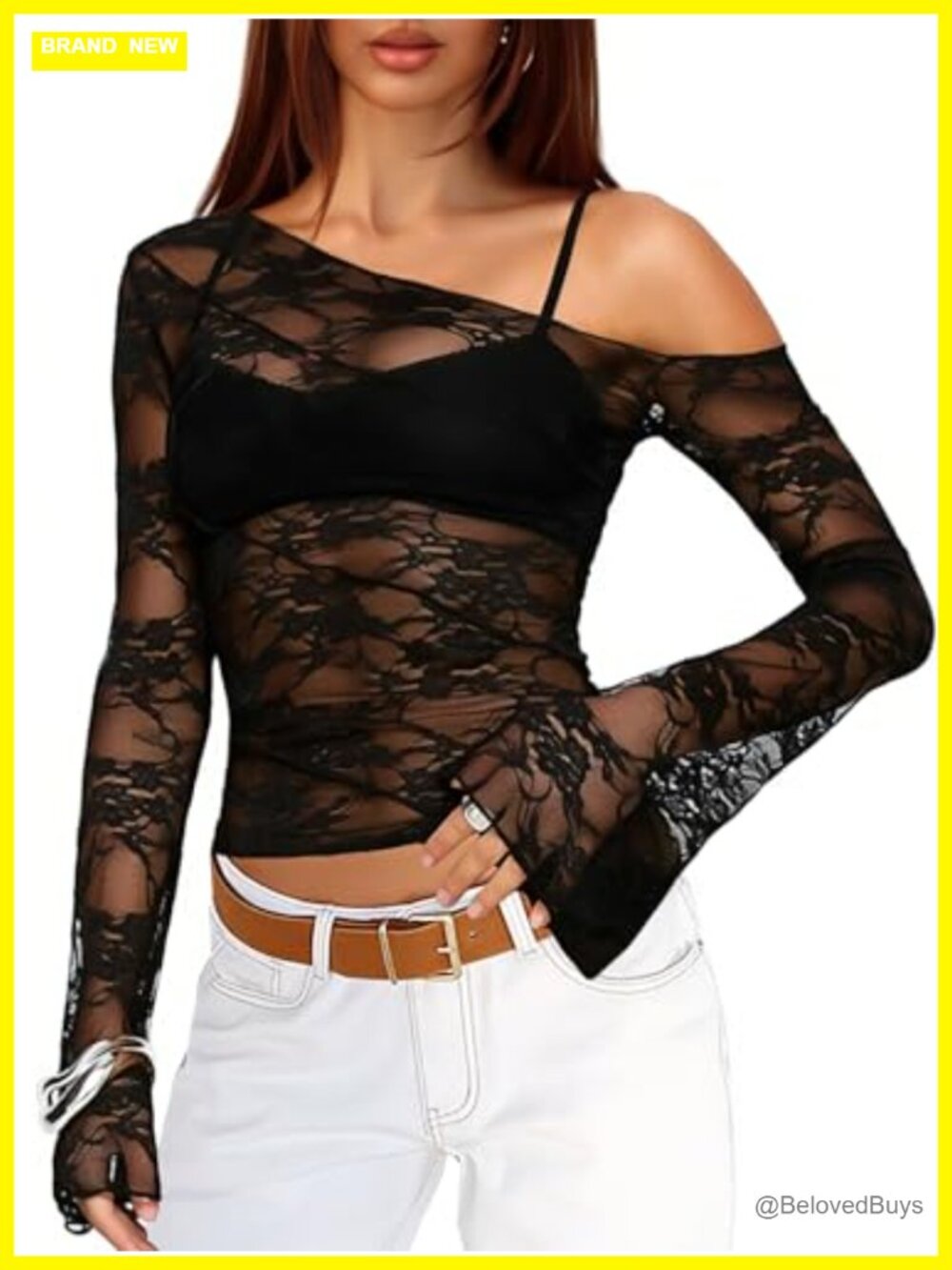 OZICERD Sheer Mesh Lace Off Shoulder Bell Sleeve Blouse for Women
